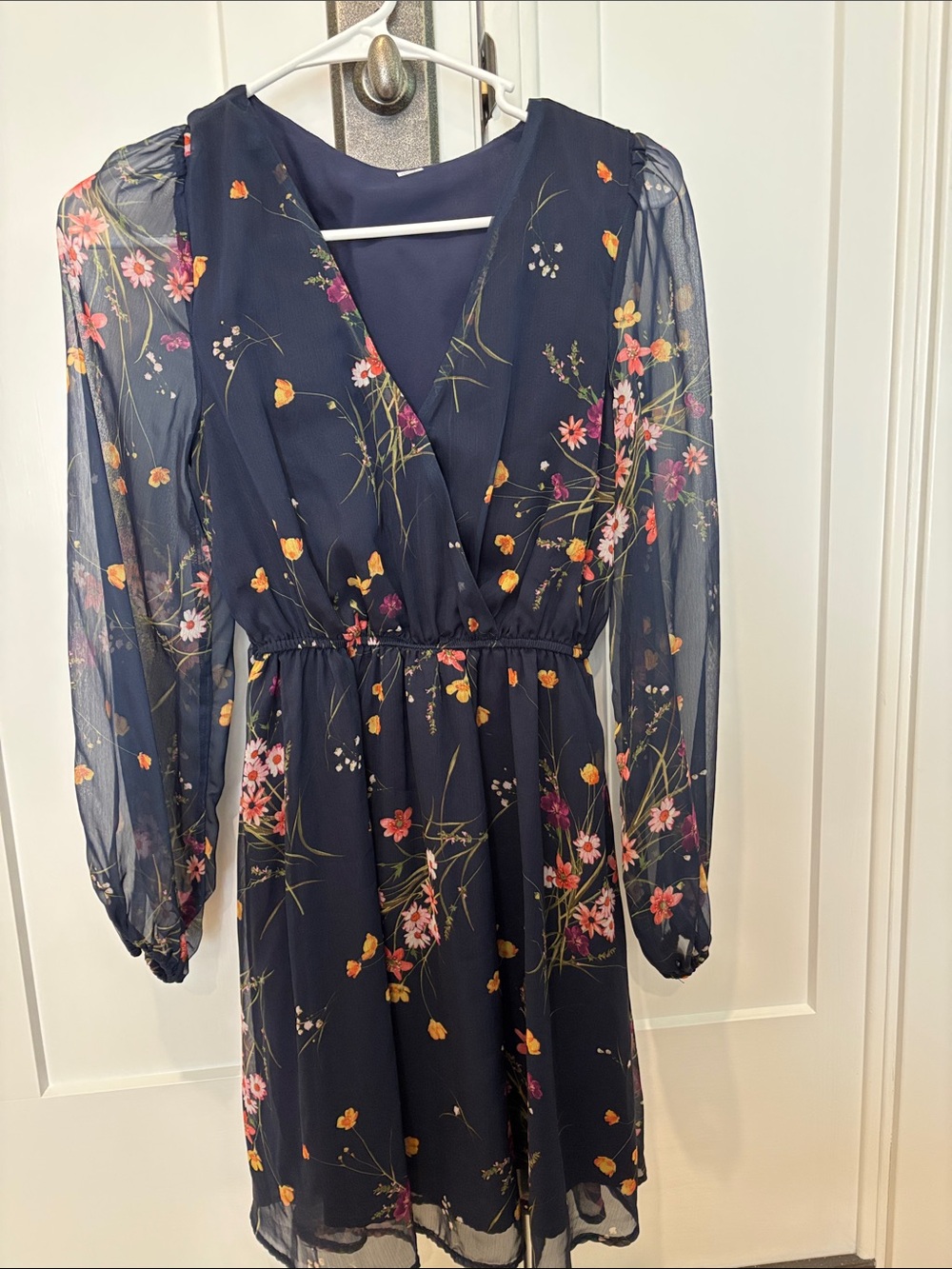Cupshe Navy Floral Wrap-Front Long Sleeve Dress